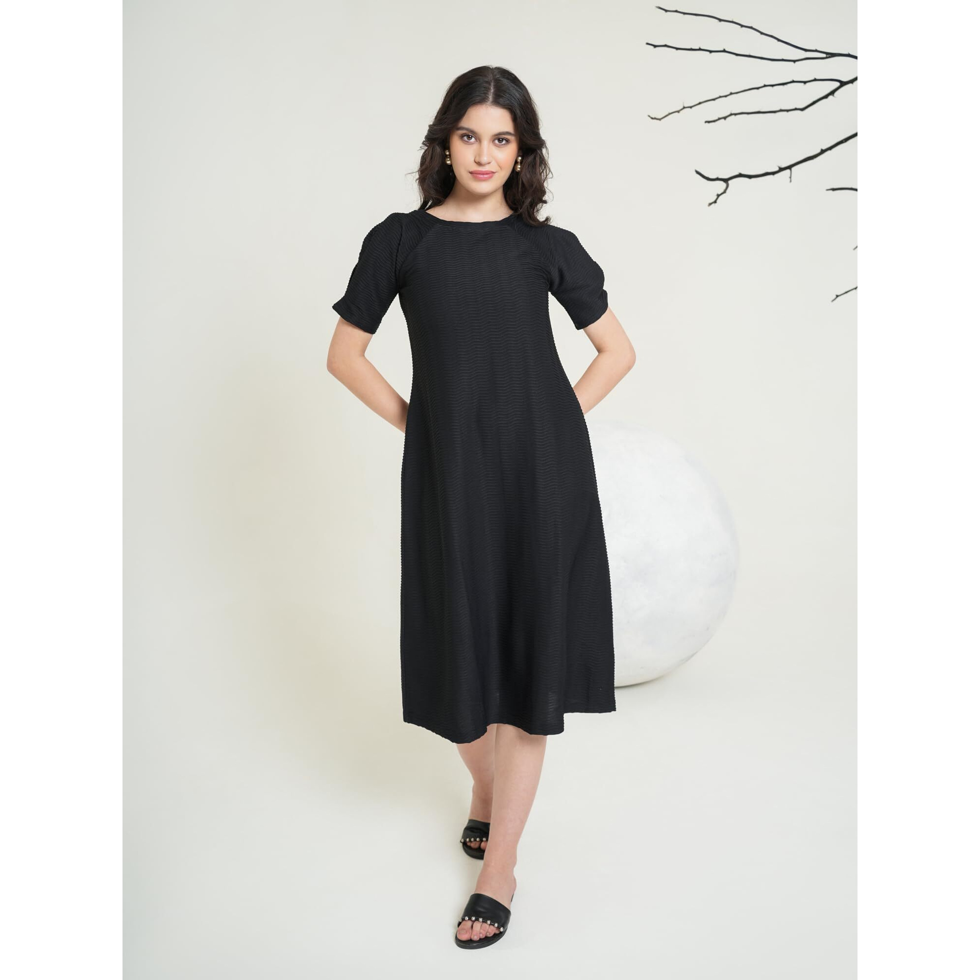 Purvaja Womens A-Line Below Knee Length Dress (Yuvi-011-013) (In, Alpha, L, Black)