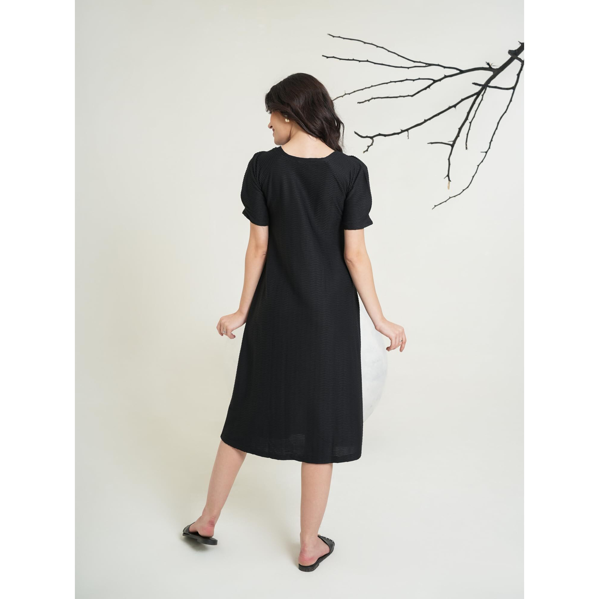 Purvaja Womens A-Line Below Knee Length Dress (Yuvi-011-013) (In, Alpha, L, Black)