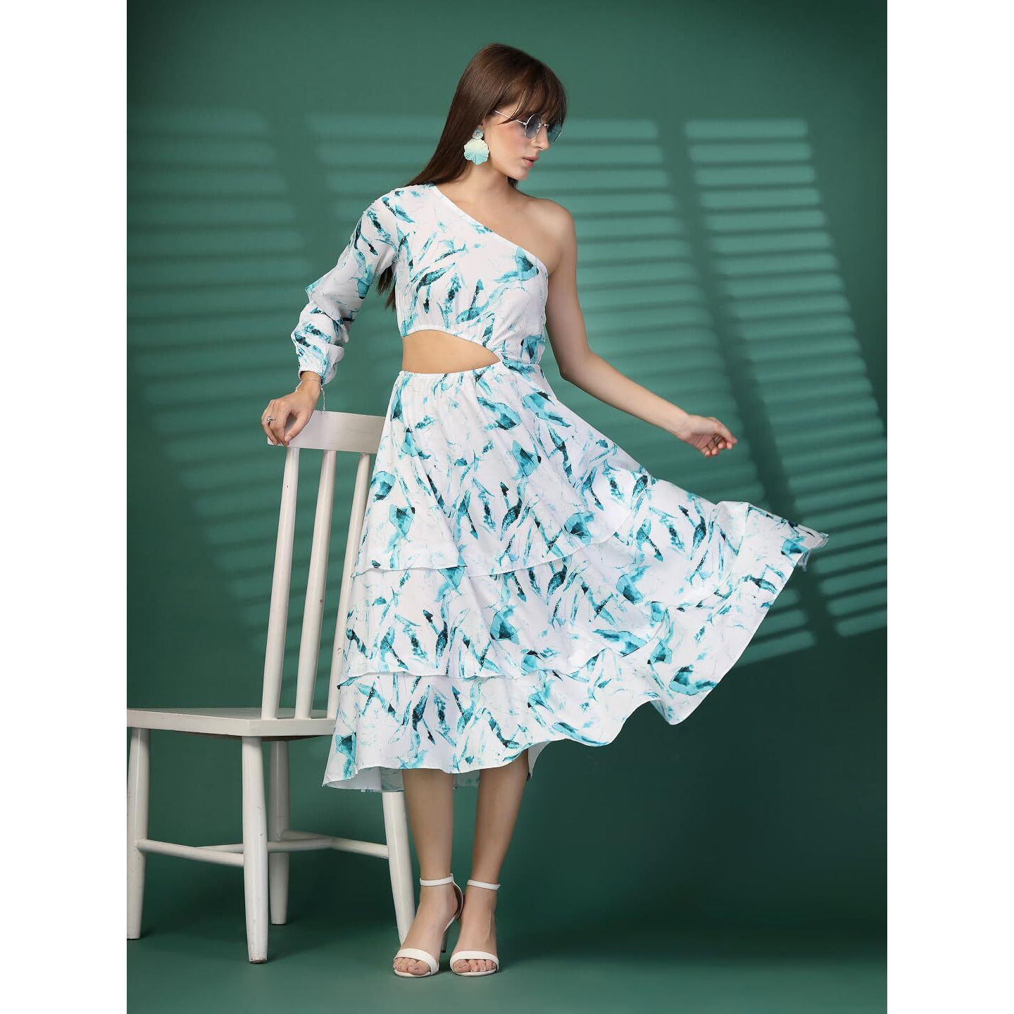 Oomph Women's Western & Fusion Wear Printed Crepe Dress For Women, One Shoulder, Blue - Md1081