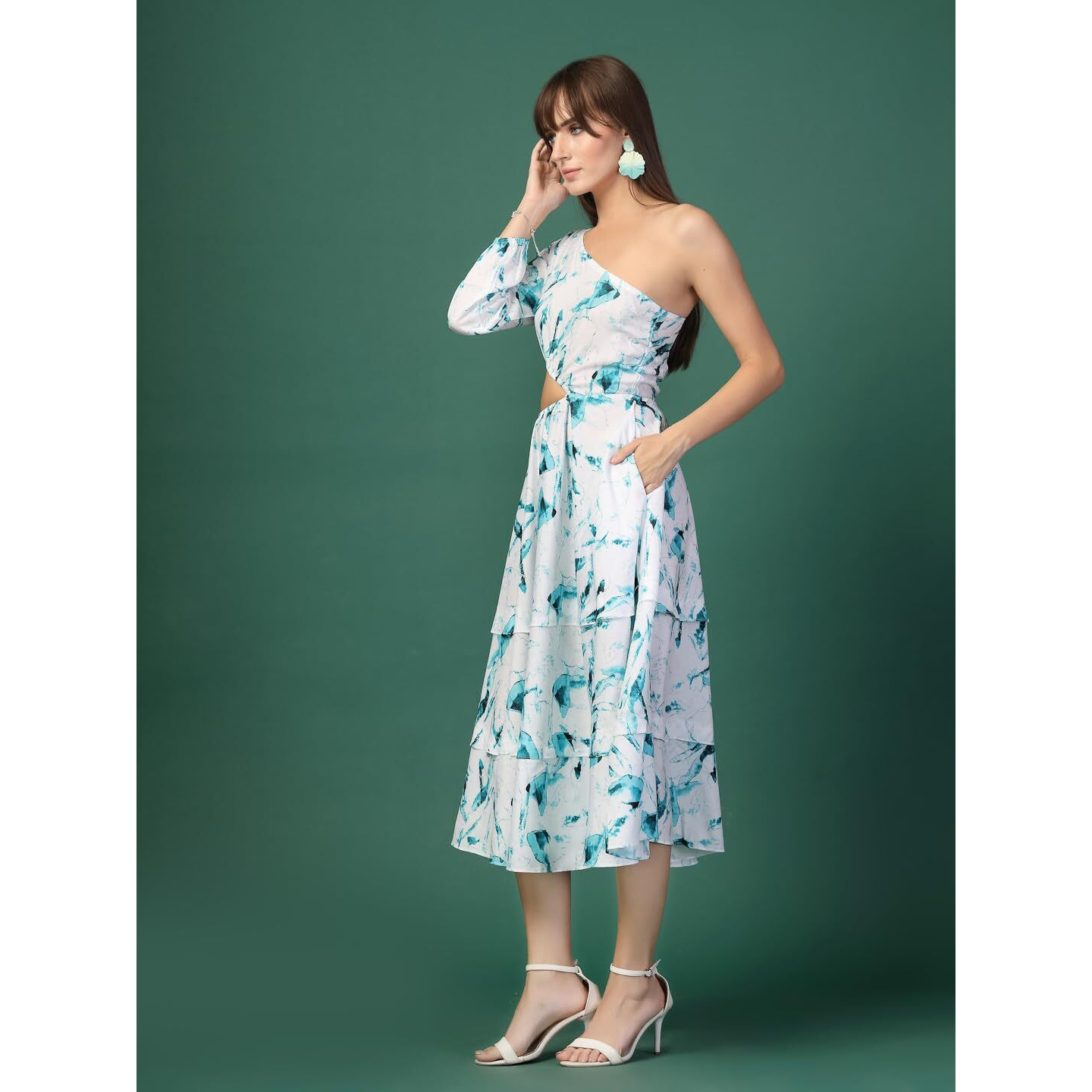 Oomph Women's Western & Fusion Wear Printed Crepe Dress For Women, One Shoulder, Blue - Md1081