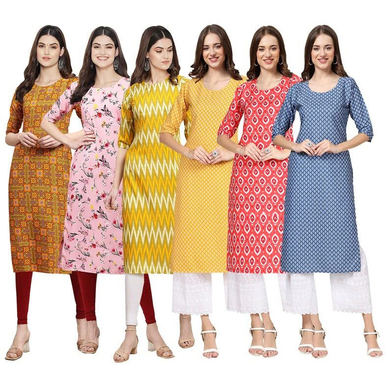 Pinkmint Women's Crepe Digital Print Straight Kurta [Pack Of 6]