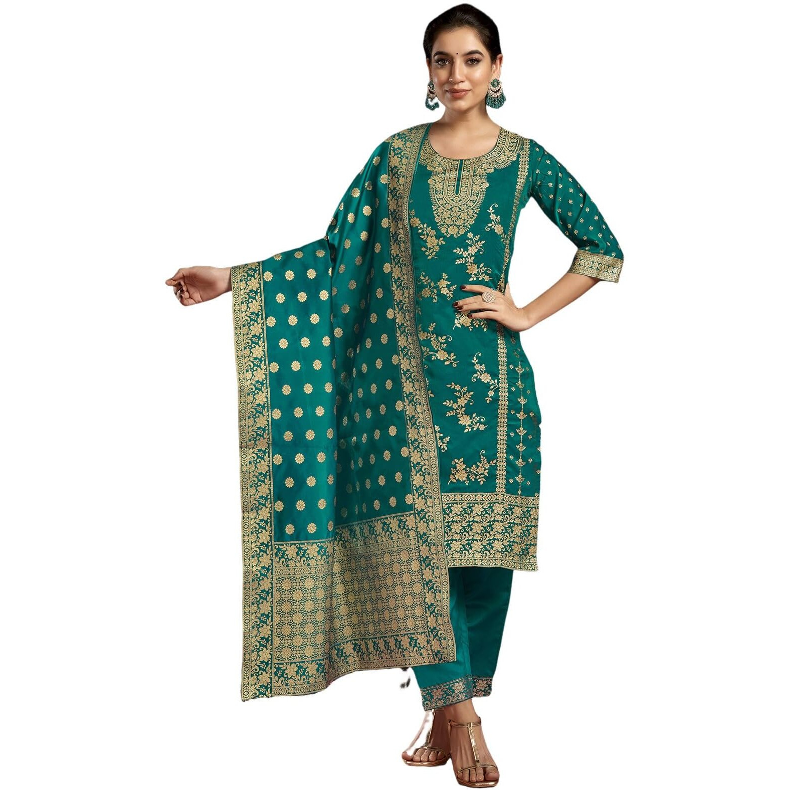 Sanisa Women's Silk Blend Jacquard Work Straight Kurta With Pant And Dupatta Set (222Kbd2358N-L_Teal Green And Golden)