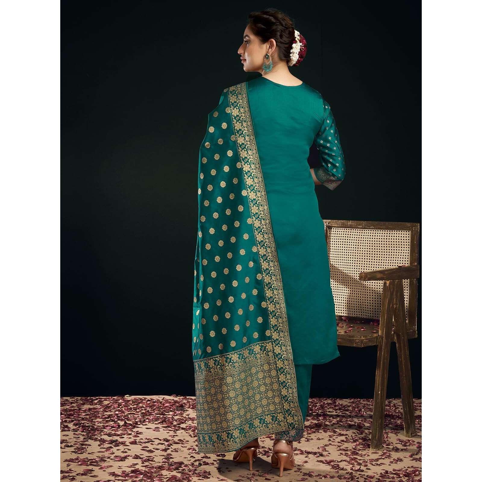 Sanisa Women's Silk Blend Jacquard Work Straight Kurta With Pant And Dupatta Set (222Kbd2358N-L_Teal Green And Golden)