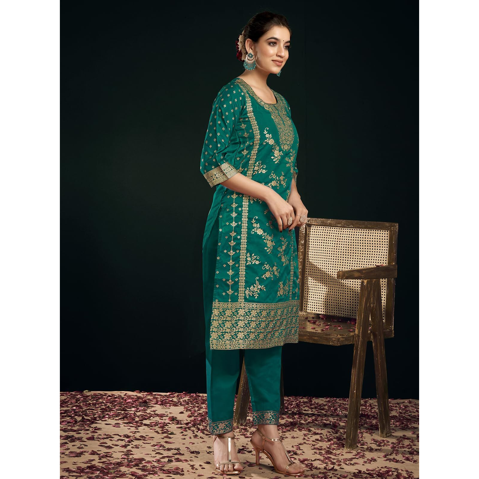 Sanisa Women's Silk Blend Jacquard Work Straight Kurta With Pant And Dupatta Set (222Kbd2358N-L_Teal Green And Golden)