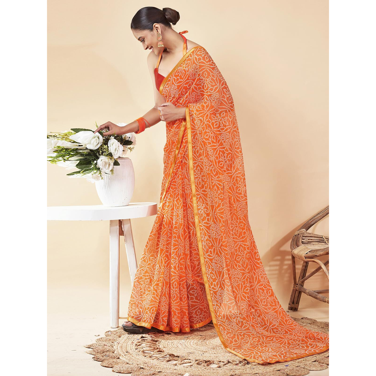 Satrani Women's Chiffon Bandhani Printed Saree With Unstitched Blouse Piece (3698S122N_Orange)