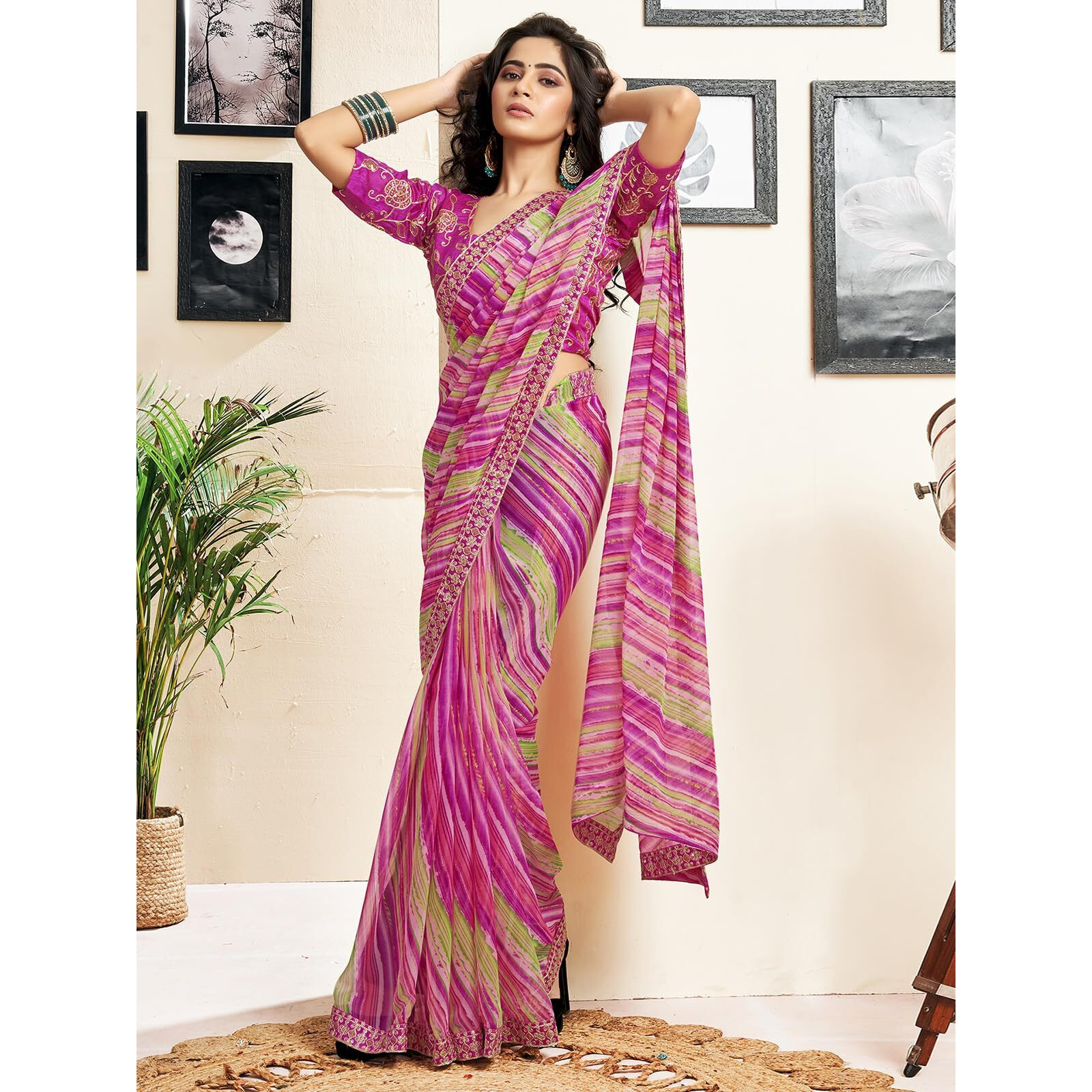 Satrani Women's Georgette Leheriya Printed Saree With Unstitched Blouse Piece (3822S6173N_Magenta & Multi)