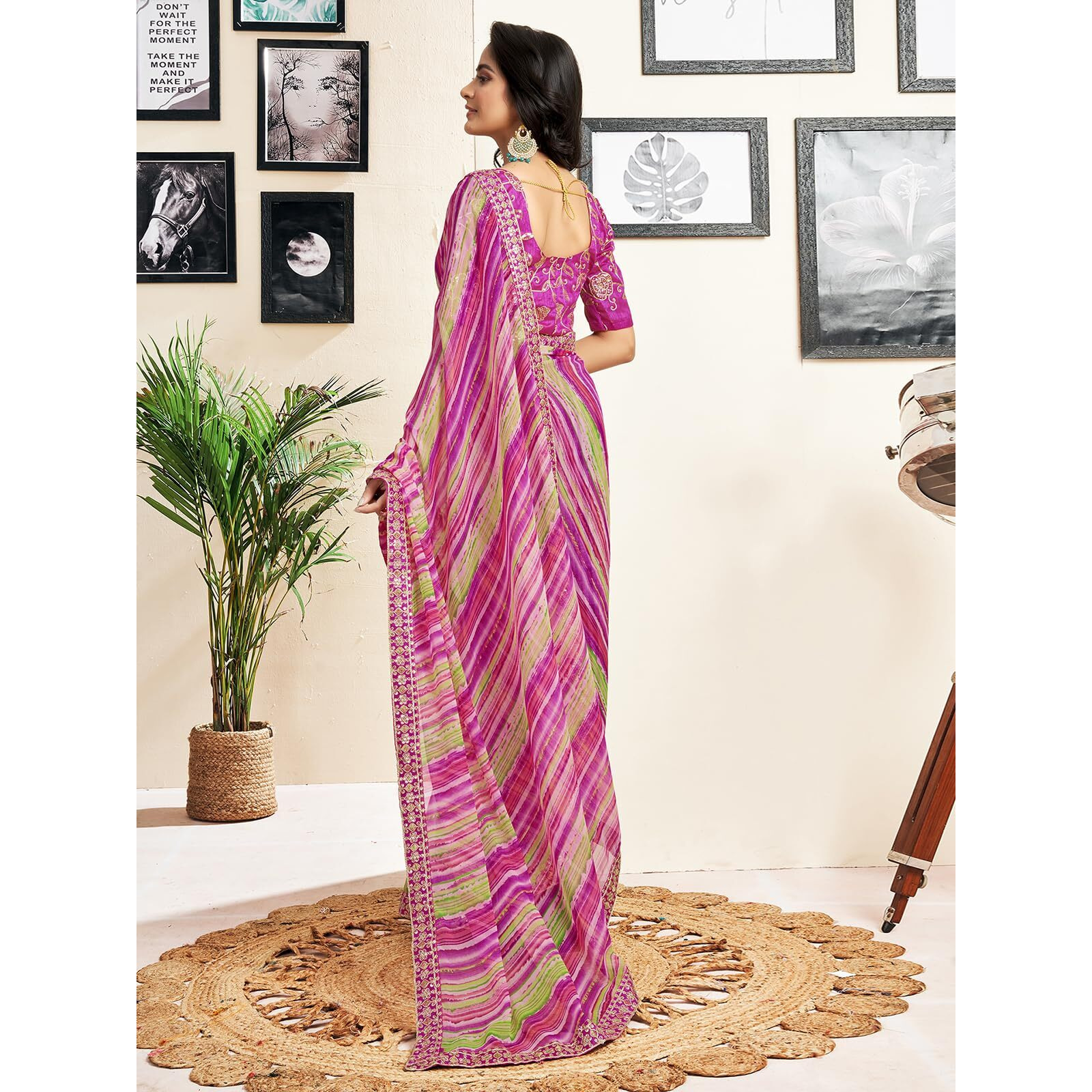 Satrani Women's Georgette Leheriya Printed Saree With Unstitched Blouse Piece (3822S6173N_Magenta & Multi)