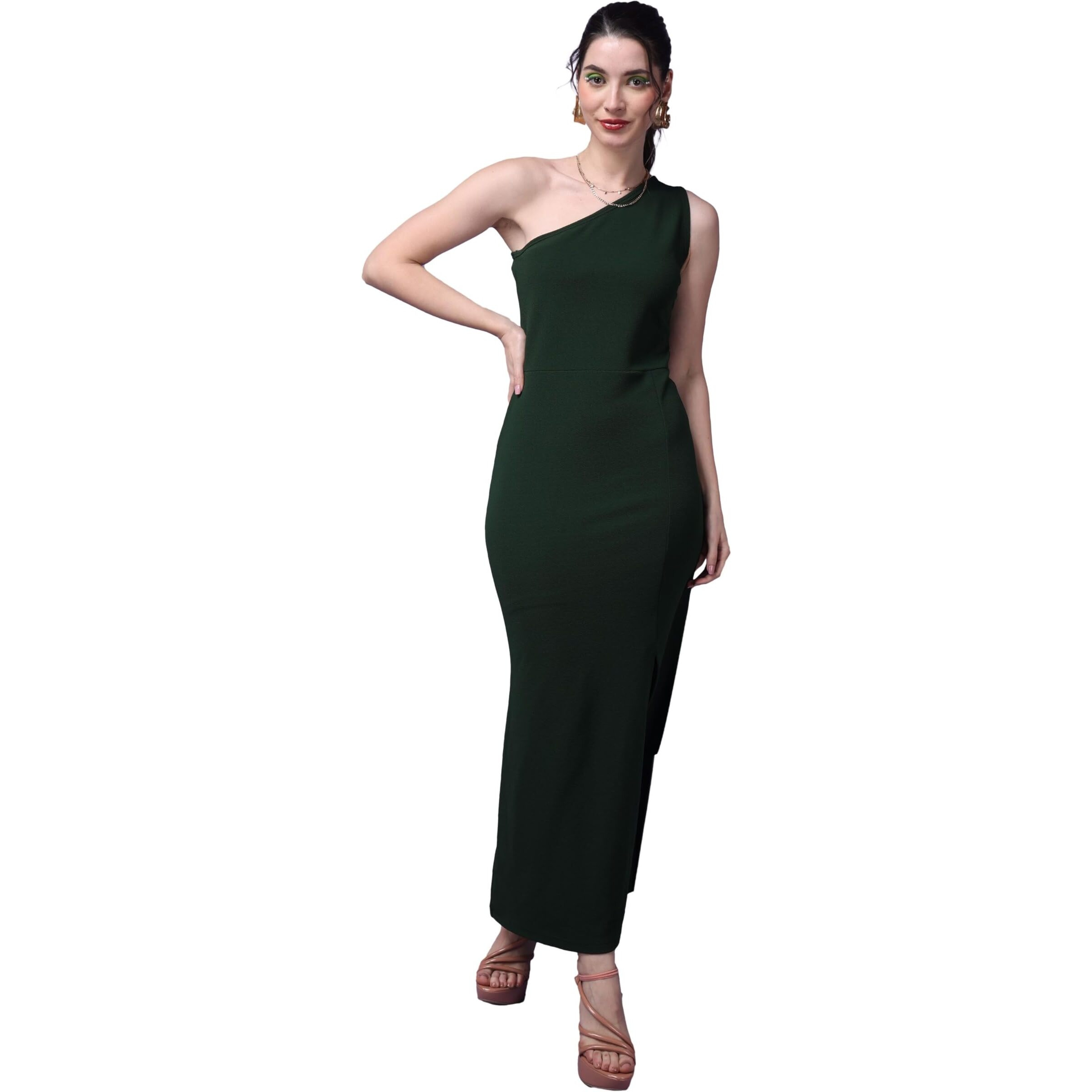 Popwings Casual Solid Asymmetrical Neckline One-Shoulder Side Slit Long Bodycon Dress For Women || Stylish Western Party Long Bodycon Dress Summer Wear Dark Green