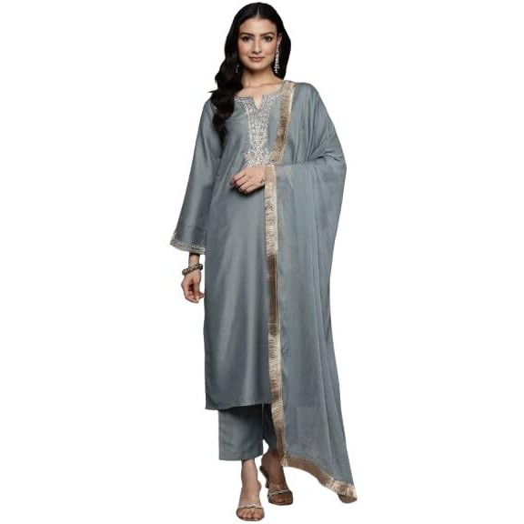 Varanga Women Grey Zari Embroidered Sequins Embellished Kurta With Bottom And Dupatta