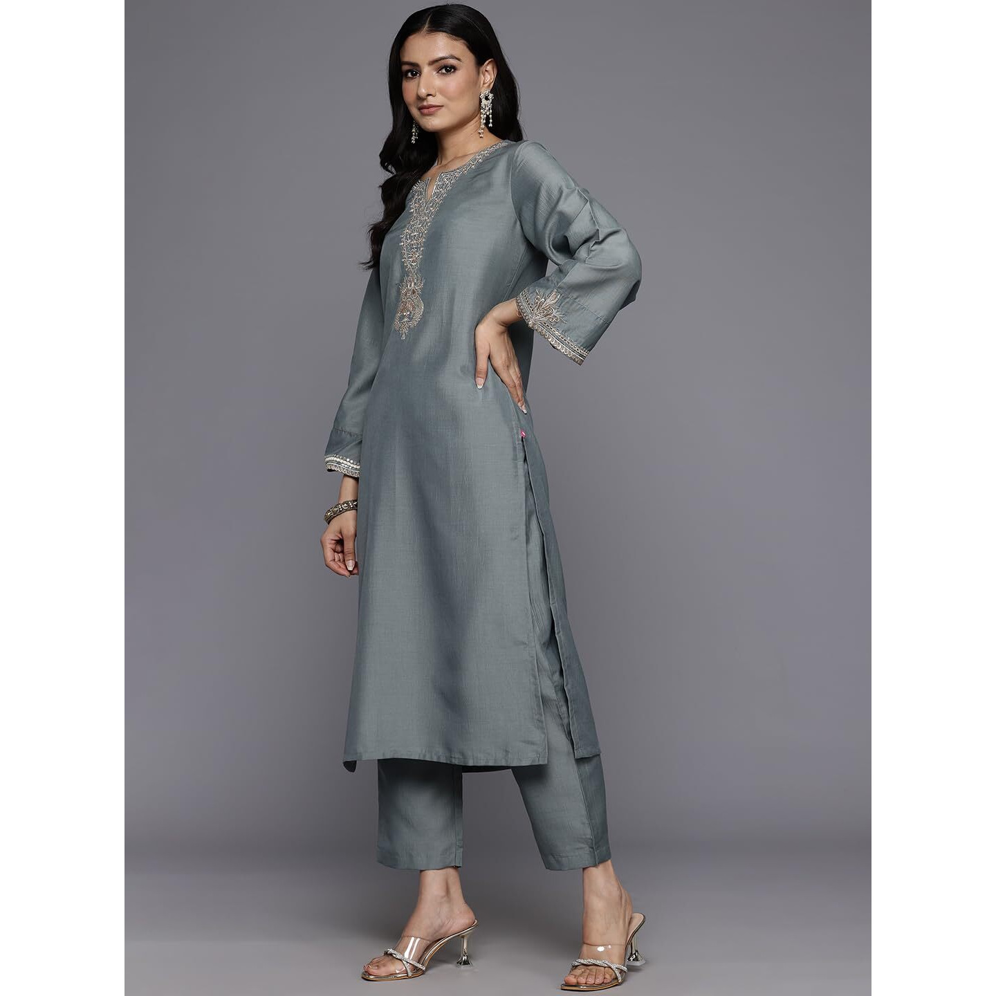 Varanga Women Grey Zari Embroidered Sequins Embellished Kurta With Bottom And Dupatta