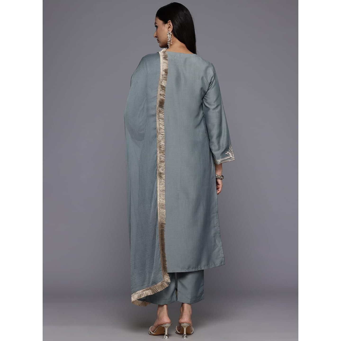 Varanga Women Grey Zari Embroidered Sequins Embellished Kurta With Bottom And Dupatta