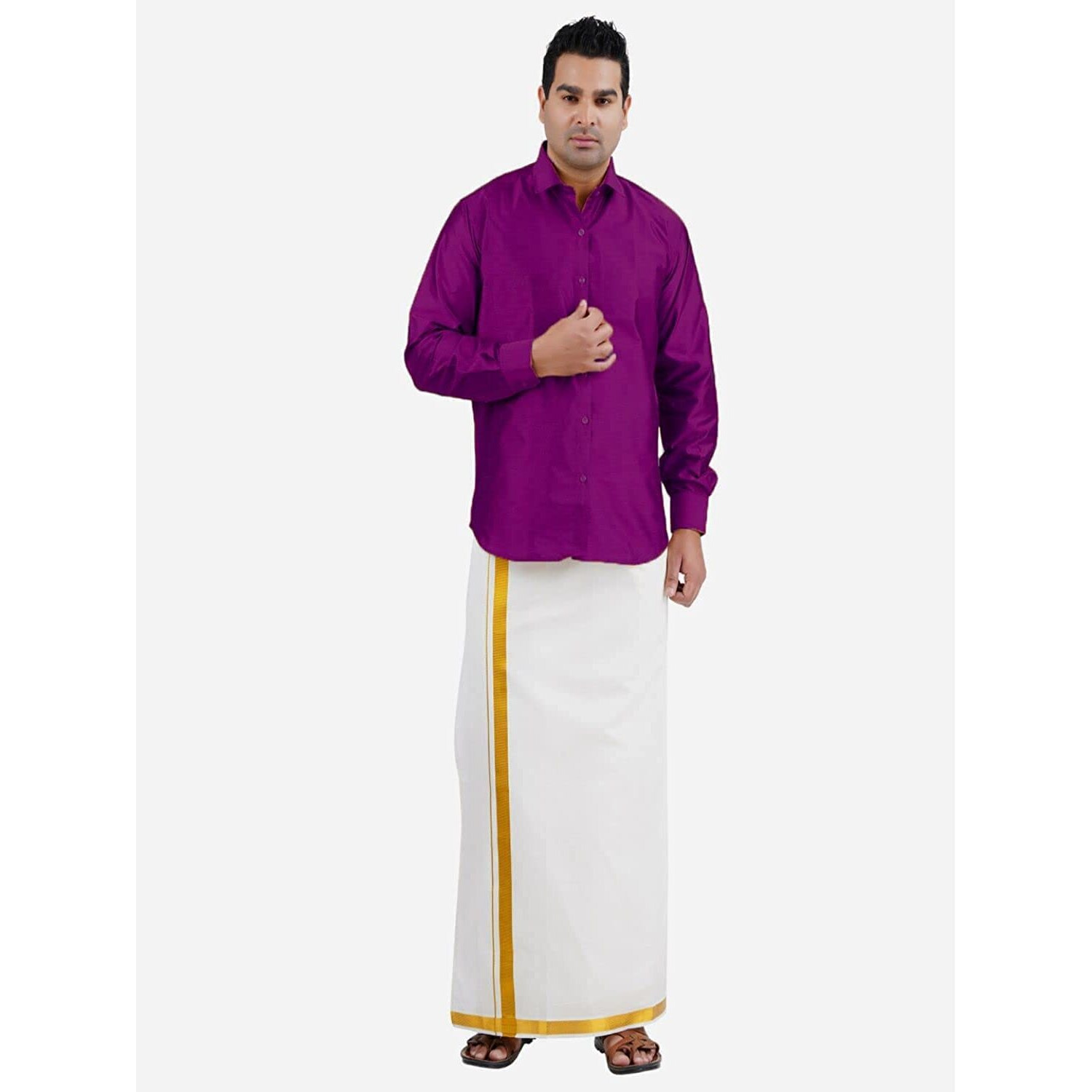 Prakasam Cotton White Colour-Gold Jari Border Welcro Pocket Stitched Dhoti For Mens/Size Hip -32 Inches- Length- 42 Inches