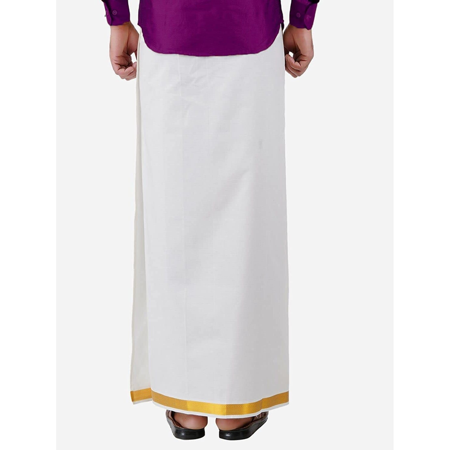 Prakasam Cotton White Colour-Gold Jari Border Welcro Pocket Stitched Dhoti For Mens/Size Hip -32 Inches- Length- 42 Inches