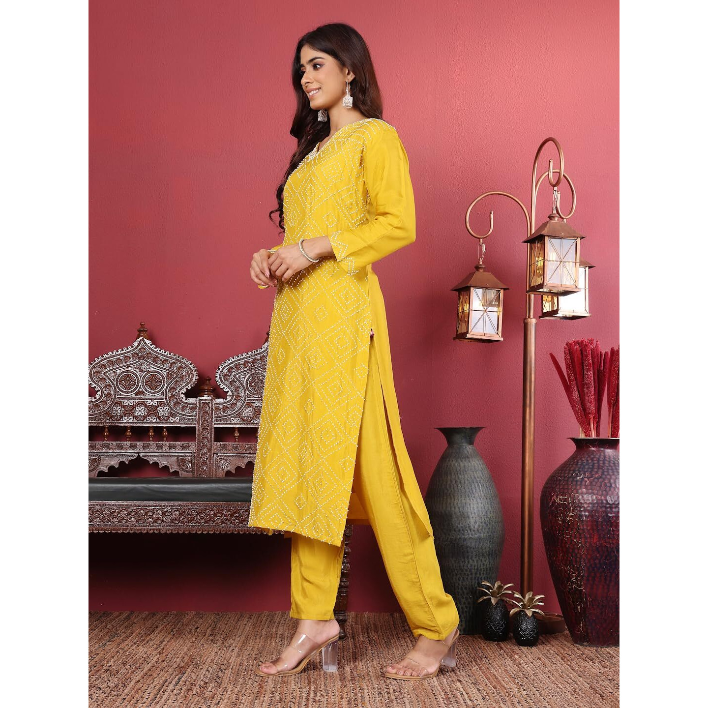 Varanga Women Hand Embroidered French Knot Kurta With Tonal Bottom And Embroidered Dupatta.