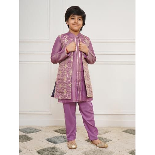 Vastramay Boys' Purple Jacket, Kurta And Pyjama Set