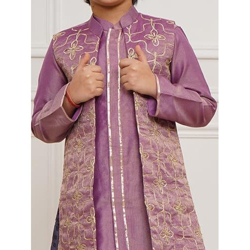 Vastramay Boys' Purple Jacket, Kurta And Pyjama Set