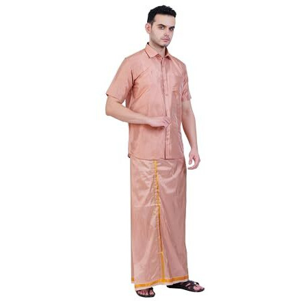 Prakasam Cotton-Mens Art Silk Wedding Set/Art Silk 8 Mulam (8-Yard) Dhoti And Stitched Half Sleeve Shirt