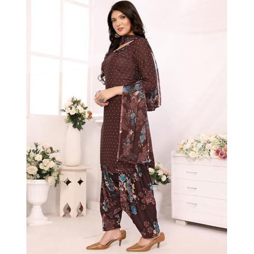 Yashika Women's Crepe Dress Material Set For Women | Unstitched Printed Fabric For Kurta Bottom & Dupatta (Ys-Black Arya-Coffee Flower)