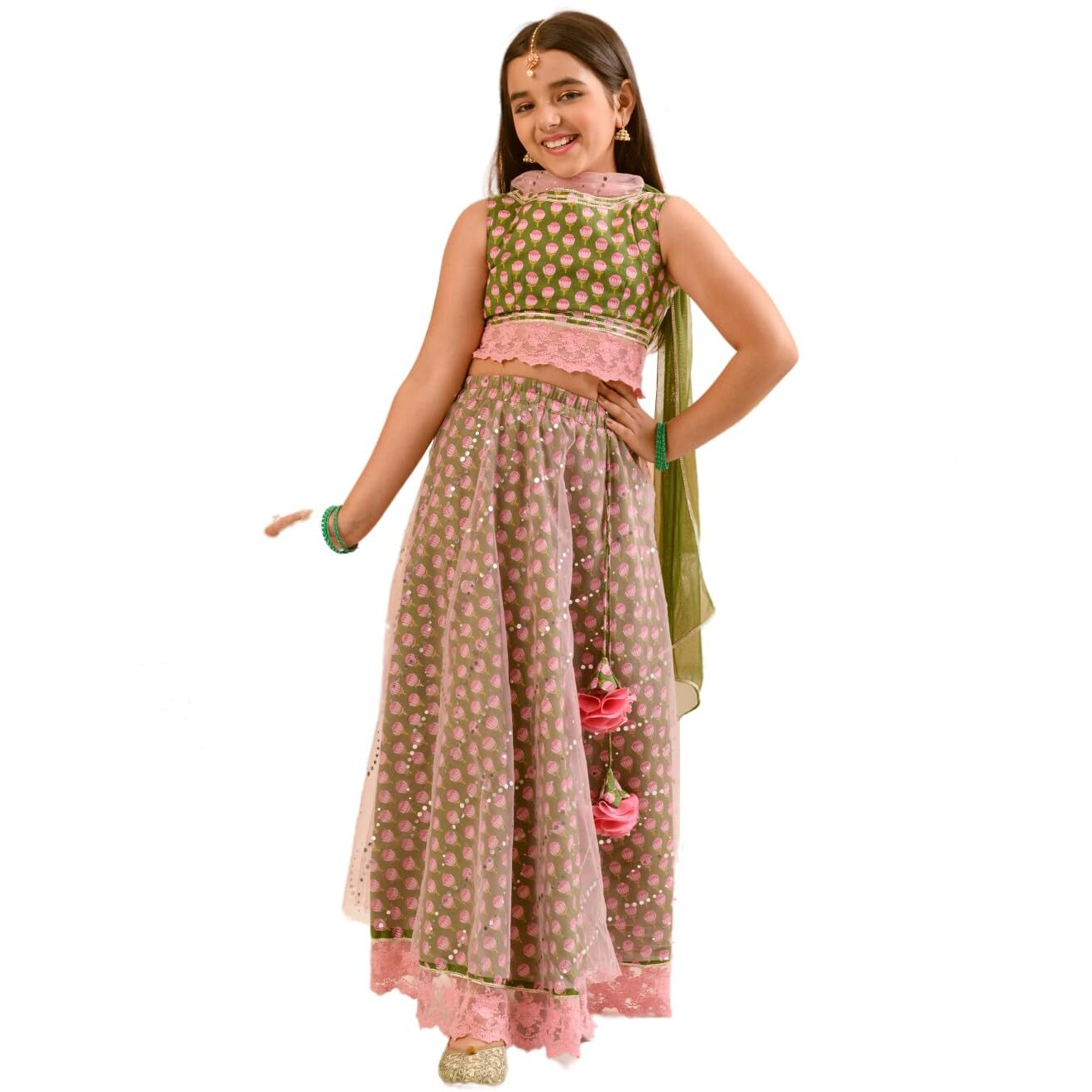 Pspeaches Girl's Cotton Lehenga Choli (L-Greenpink_Green_2-3Y)