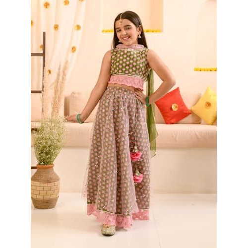 Pspeaches Girl's Cotton Lehenga Choli (L-Greenpink_Green_2-3Y)