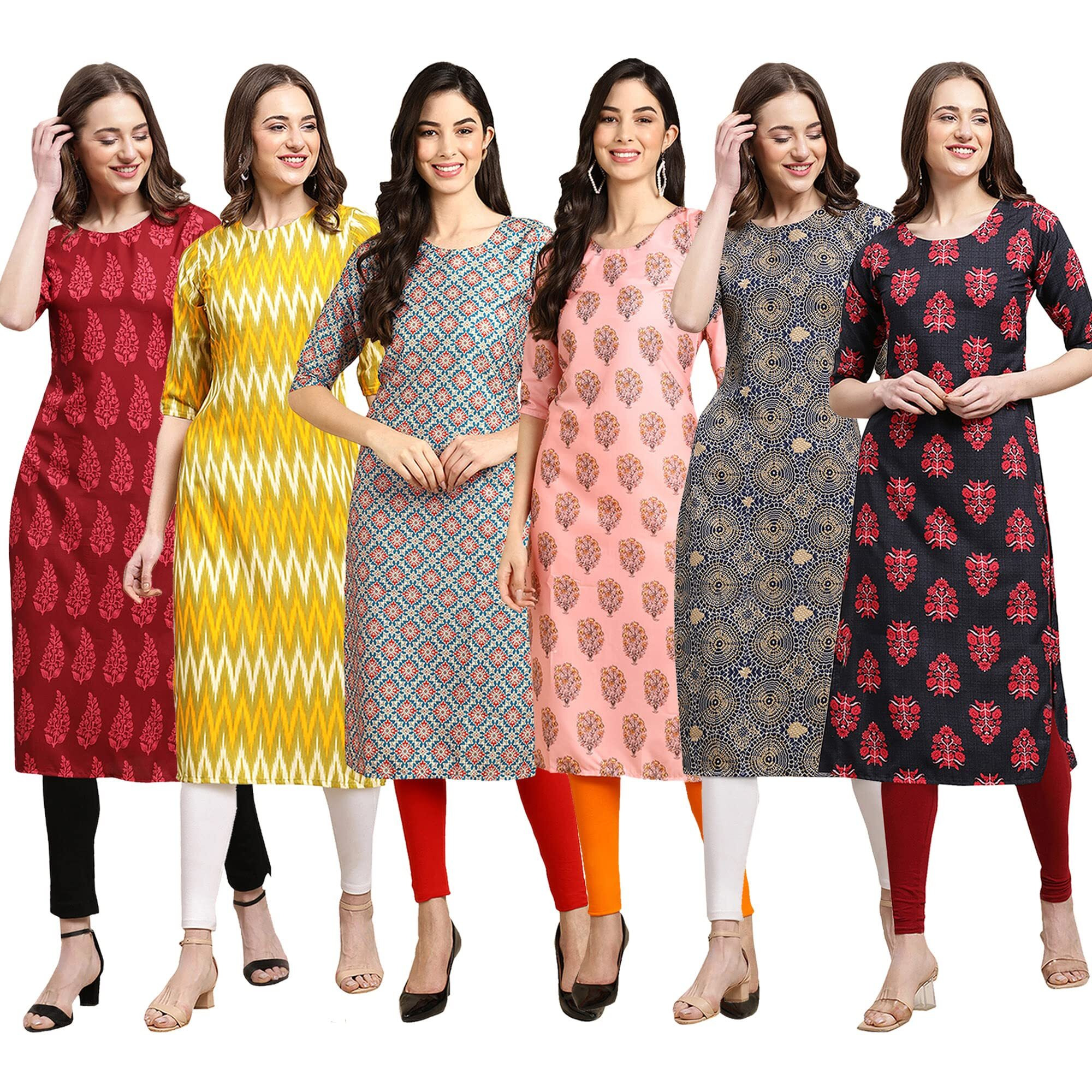 Pinkmint Women's Crepe Digital Print Straight Kurta Pack Of 6 [Cr-337-329-372-368-341-345-L]