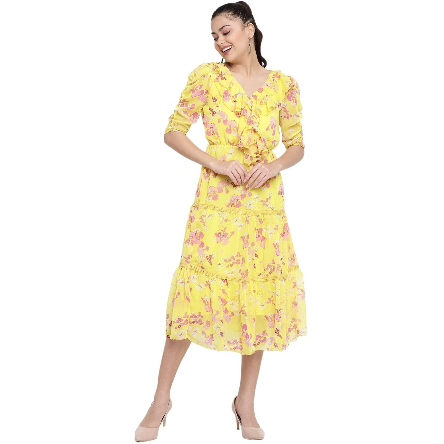 Shasmi Women's Yellow Floral Print Tiered Midi Fit & Flare Dress With Ruffles (Ruffle Dress 38 Yellow L)