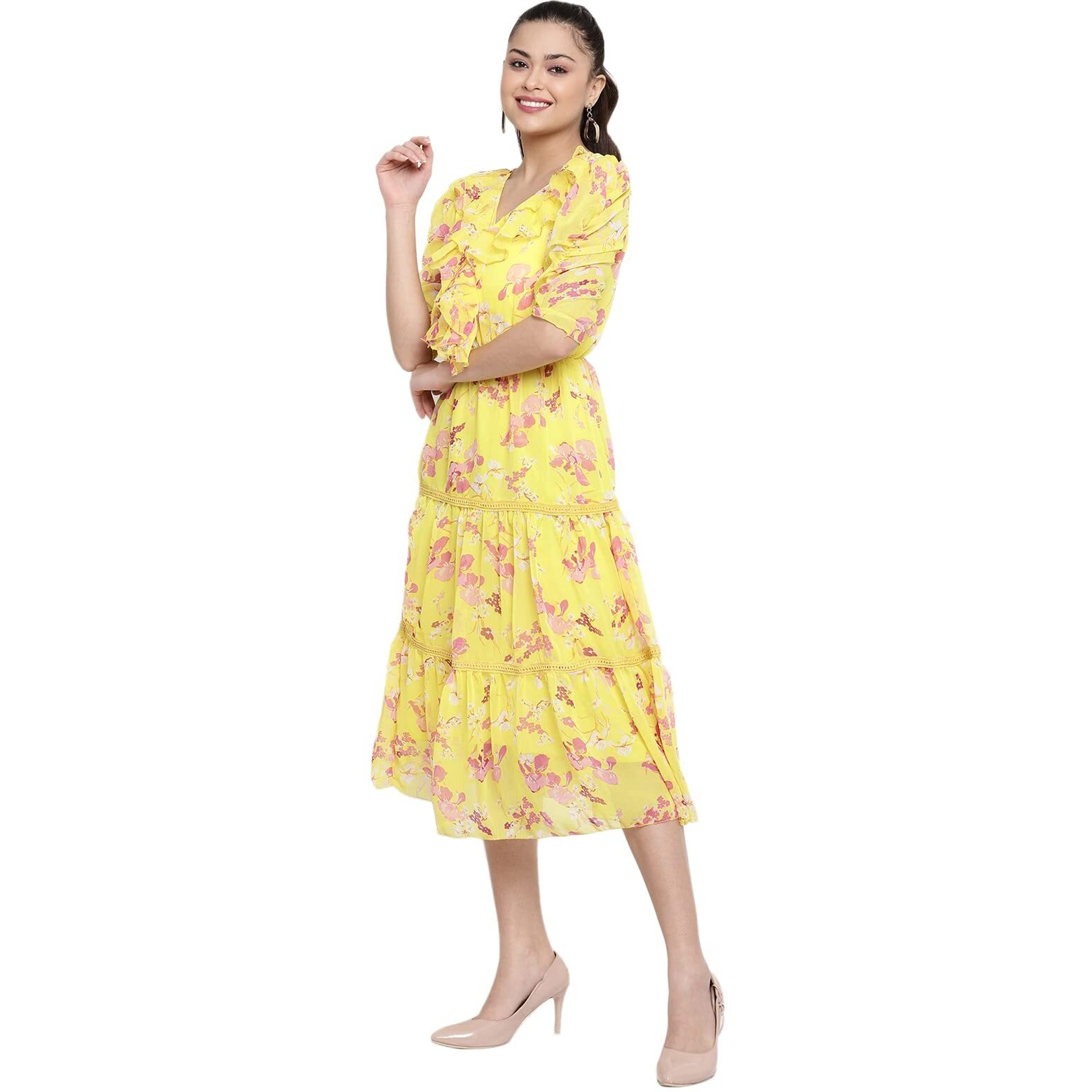 Shasmi Women's Yellow Floral Print Tiered Midi Fit & Flare Dress With Ruffles (Ruffle Dress 38 Yellow L)