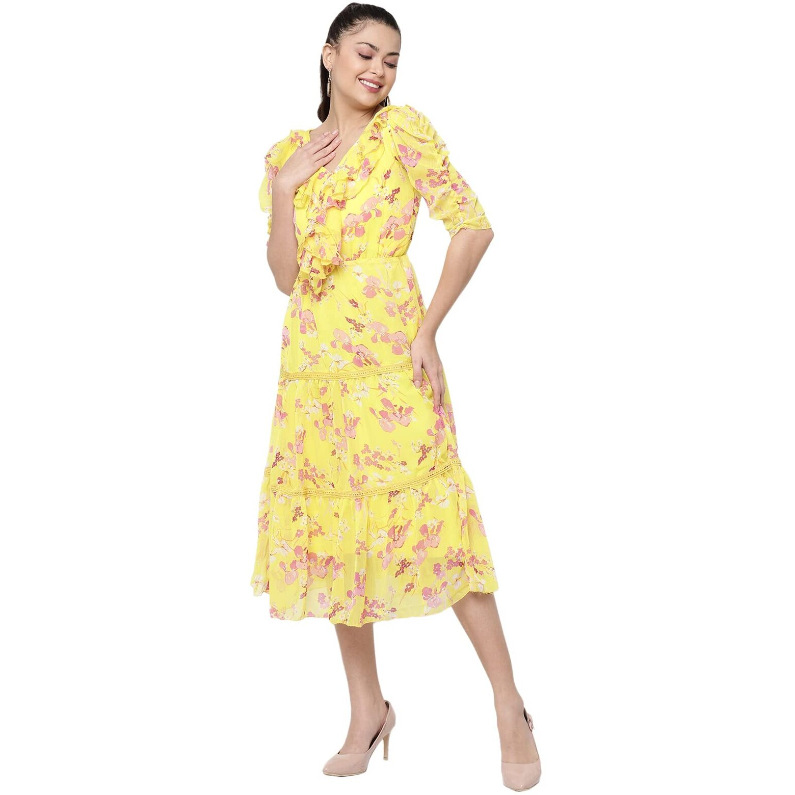 Shasmi Women's Yellow Floral Print Tiered Midi Fit & Flare Dress With Ruffles (Ruffle Dress 38 Yellow L)