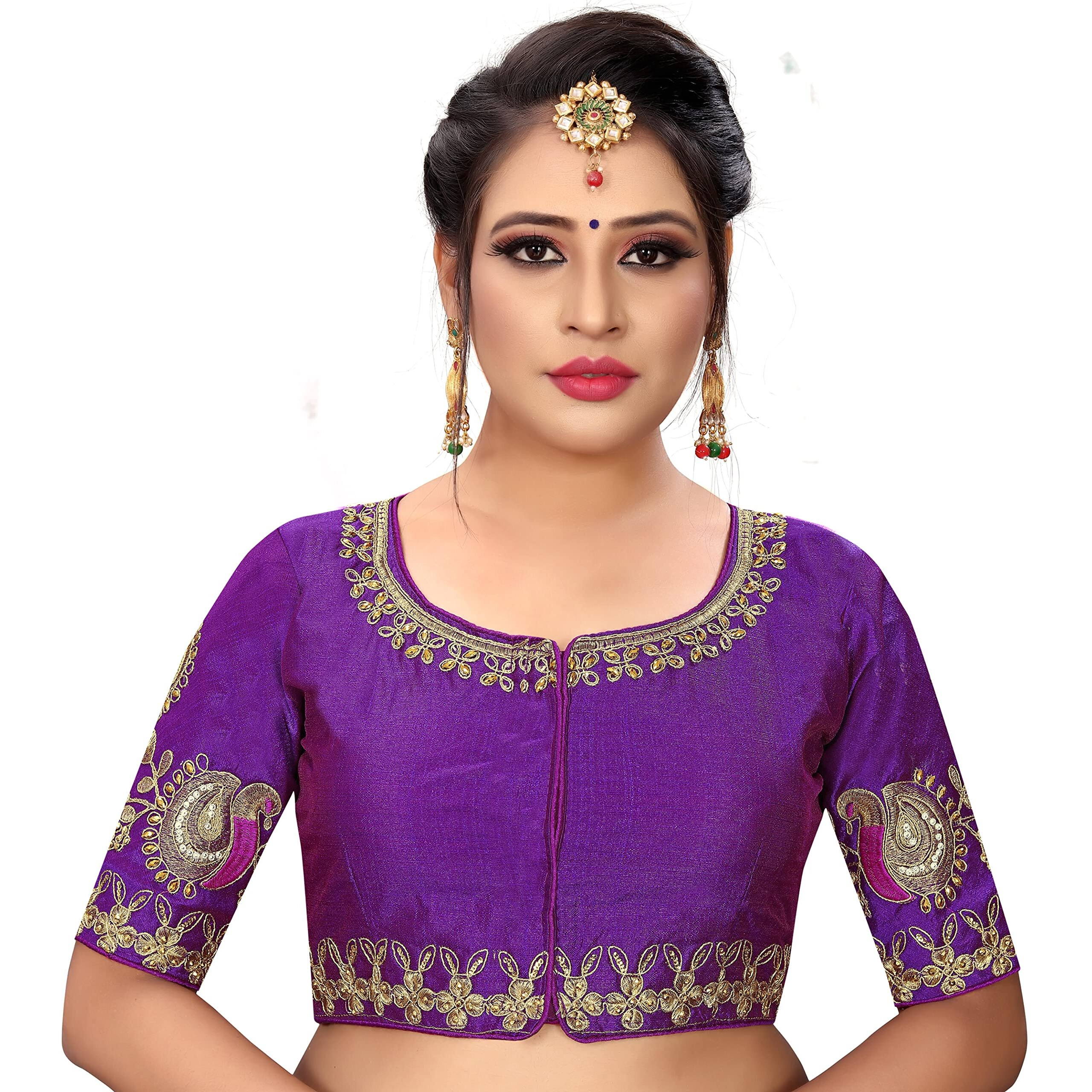 Pujia Mills Women's Phantom Silk Elephant Half Sleeve Saree Blouse (Dumbo_2 Shade Purple_36 Size+Margin)