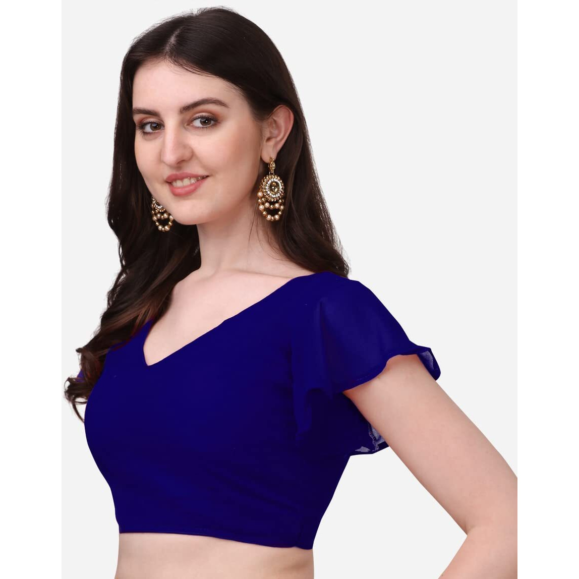 Pujia Mills Women's Georgette Bell Sleeve Readymade Saree Blouse (3003_Navy Blue_38)