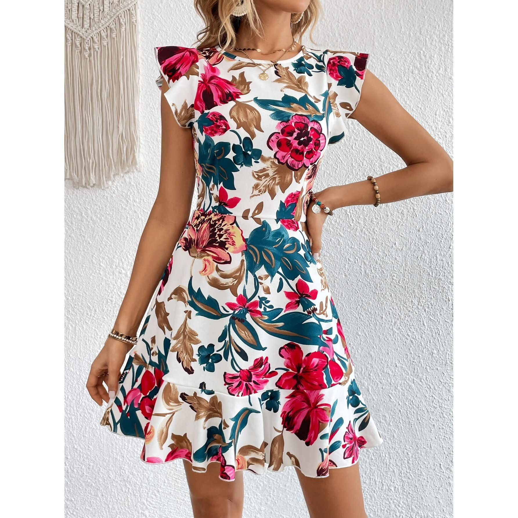Shasmi Girl's & Women's White Floral Print Cap Sleeve Ruffle Trim Short Dress Summer Boho One Piece Mini Dress For Women Stylish Dresses (Midi 170 White-M)