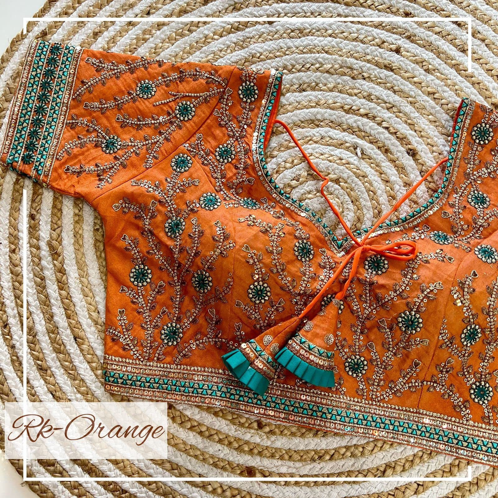 Pujia Mills Women's Milan Silk Embroidered With Sequins Work Half Sleeve Blouse (Indra Orange 42)
