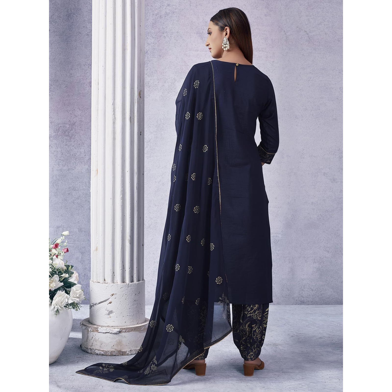 Sanisa Women's Cotton Blend Sequence Embroidery Work Foil Printed Straight Kurta With Pant And Dupatta (109Kbd1193Na-M_Navy Blue2)