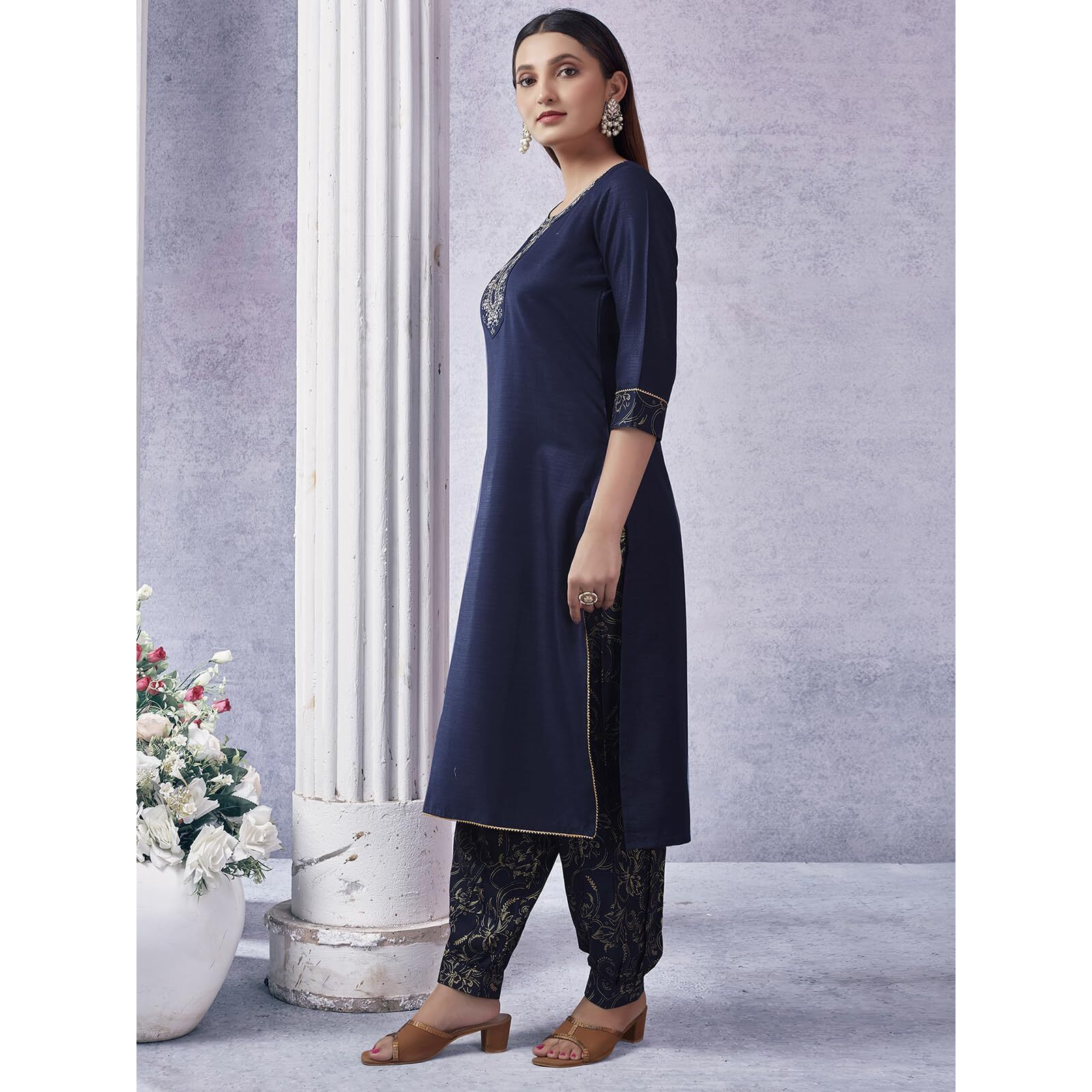 Sanisa Women's Cotton Blend Sequence Embroidery Work Foil Printed Straight Kurta With Pant And Dupatta (109Kbd1193Na-M_Navy Blue2)