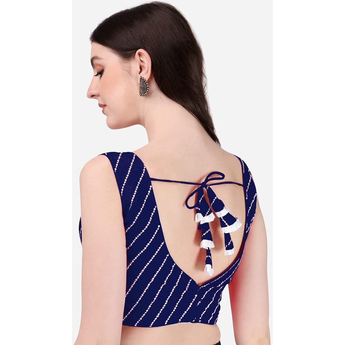 Pujia Mils Women's Silk Solid Sleeveless Blouse (Leheriya Blouse_Navy Blue_36)