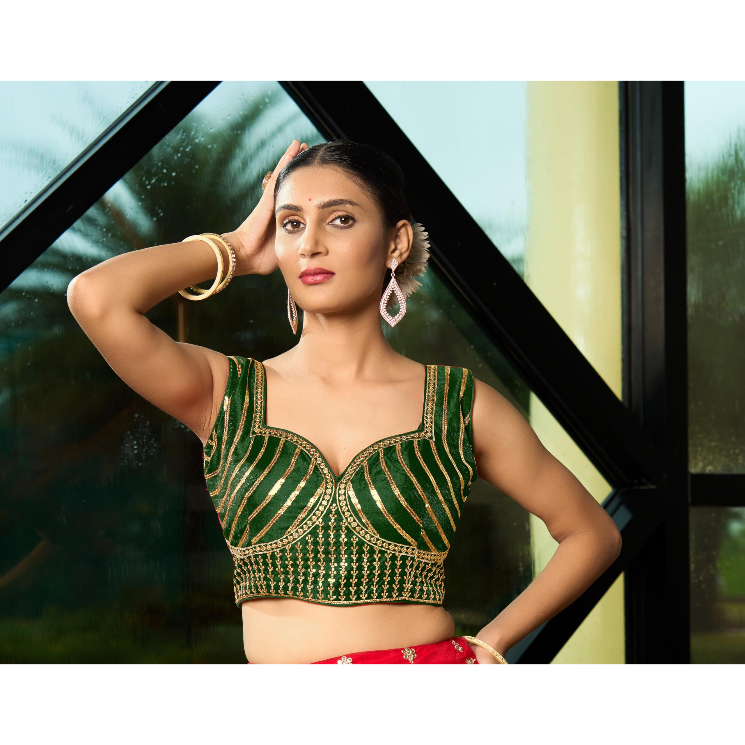 Pujia Mills Women's Readymade Sleeveless Sweetheart Neck Back Hook Open Saree Fancy Blouse (Green, 38)