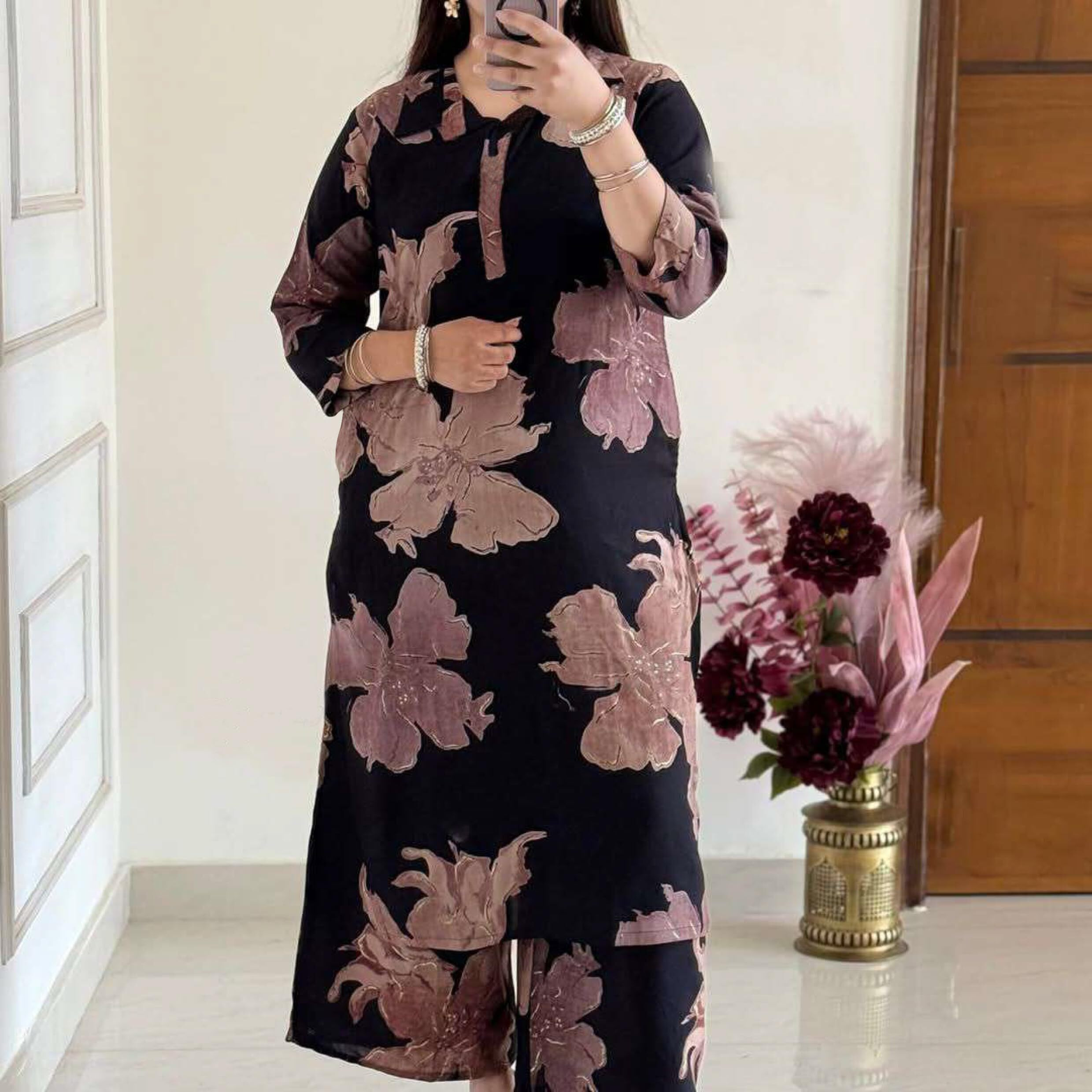 Anni Designer Women's Rayon Viscose Printed Straight Kurta With Palazzo (Ishir Black_S_Black_Small)