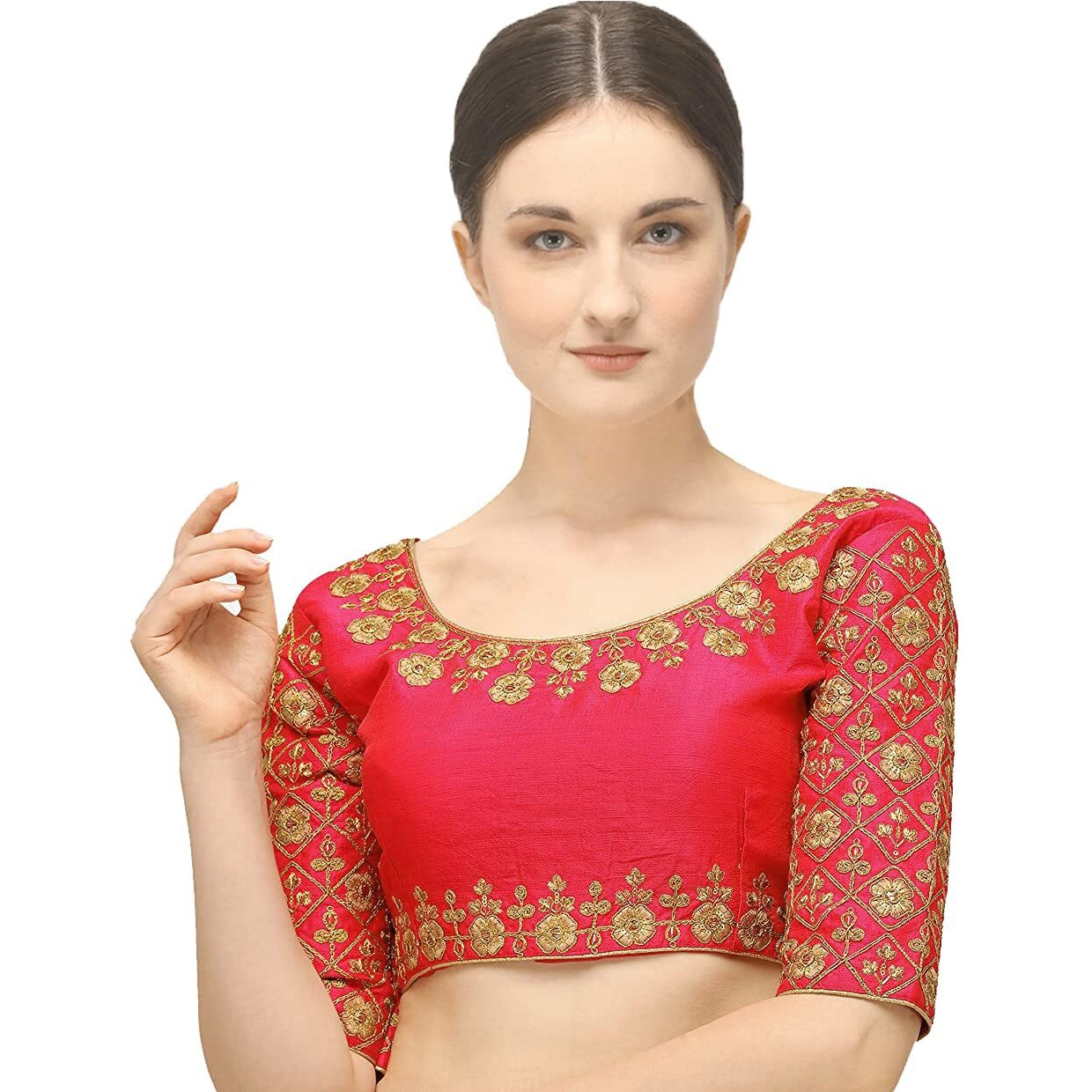 Pujia Mills Embroiderd Work Phantom Silk Readymade Blouse (Gajari, 38)