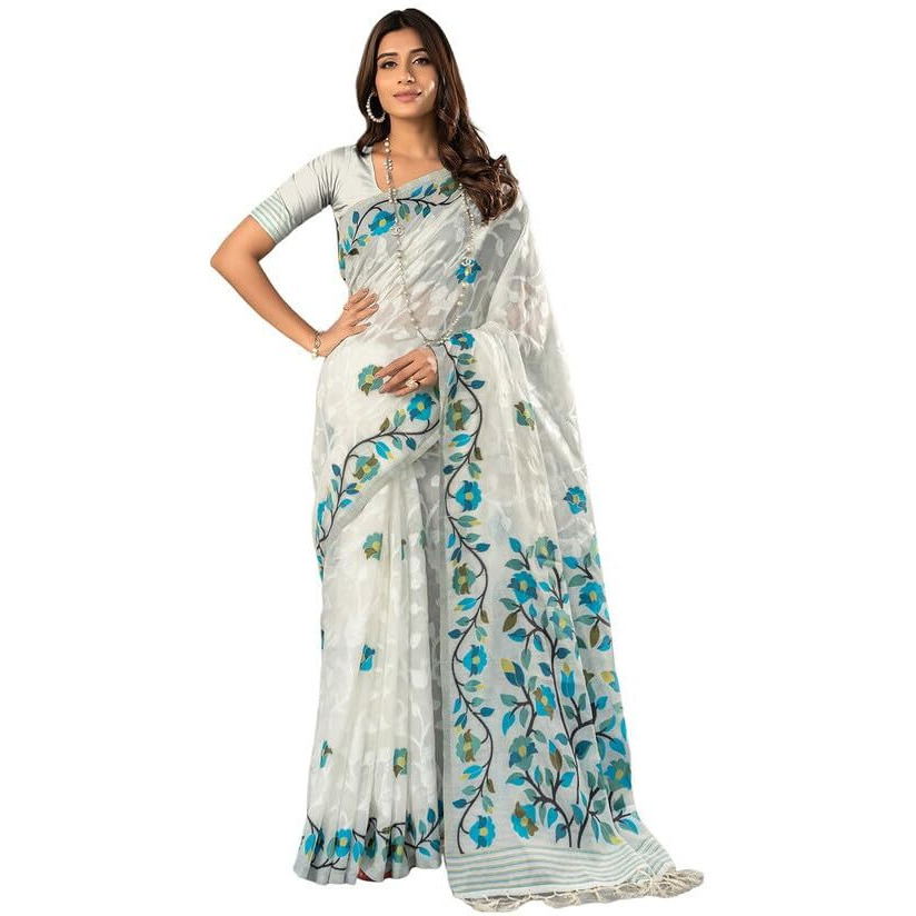 Satrani Women's Cotton Jacquard Saree With Unstitched Blouse Piece (3417S217N_White)