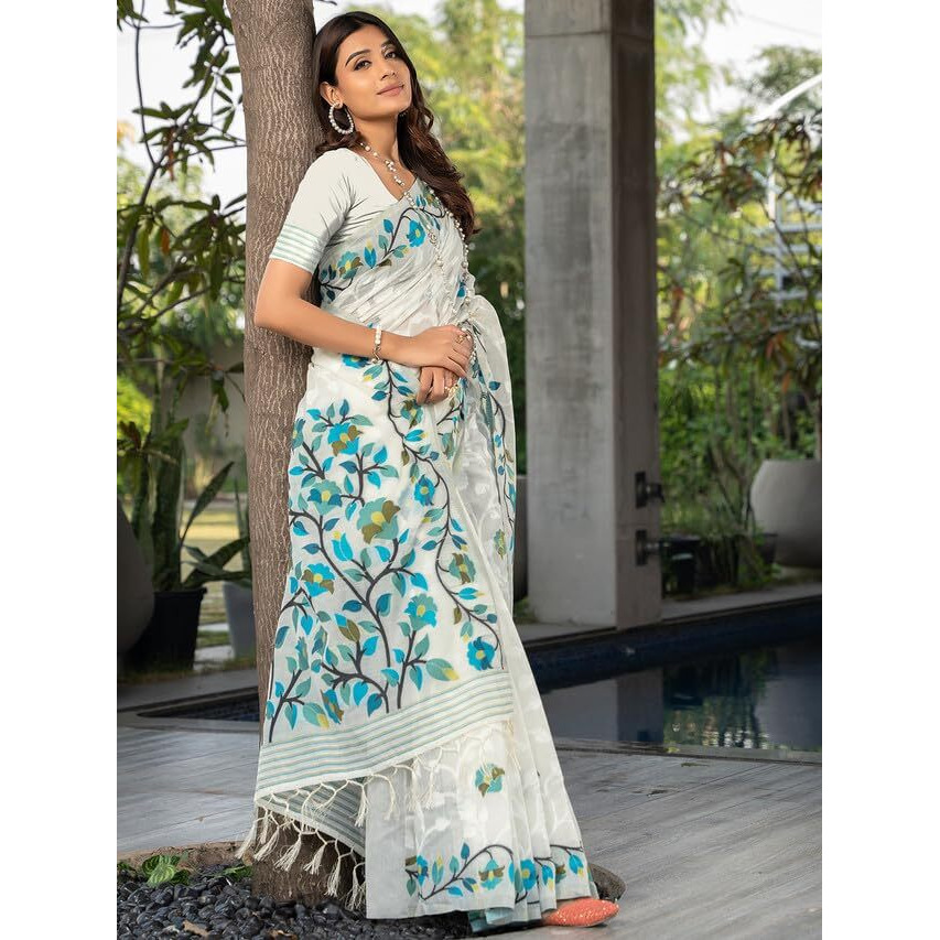 Satrani Women's Cotton Jacquard Saree With Unstitched Blouse Piece (3417S217N_White)