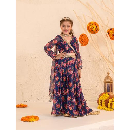 Pspeaches Girl's Polyester Lehenga Choli (L-Navymulti_Navy_10-12Y)