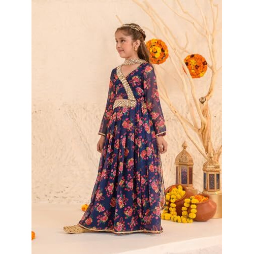 Pspeaches Girl's Polyester Lehenga Choli (L-Navymulti_Navy_10-12Y)