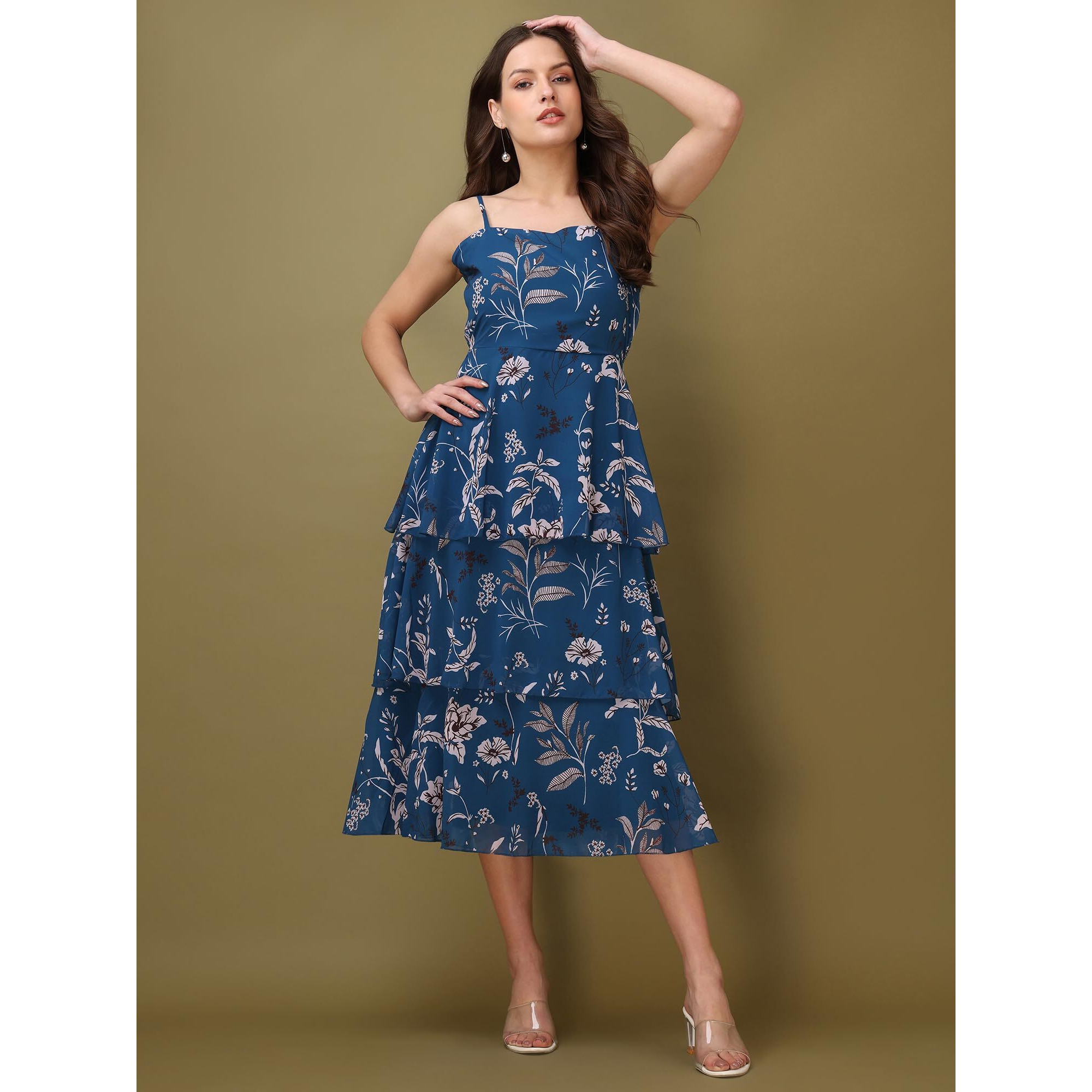 Purvaja Womens Layered Below Knee Length Dress (Floe-022_Teal_Xx-Large)