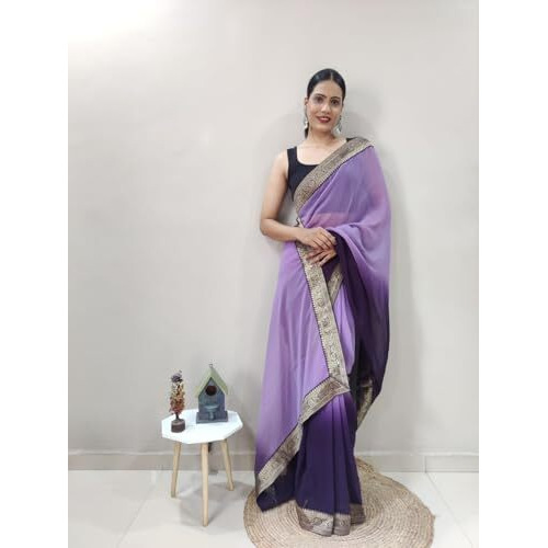 Shiv Textiles Womens Gorgette Less Border Zip And Go Pre-Stitched Saree  Effortless Wear & Comfort  Ready To Wear Saree(Sb-St-R-23-Violet)