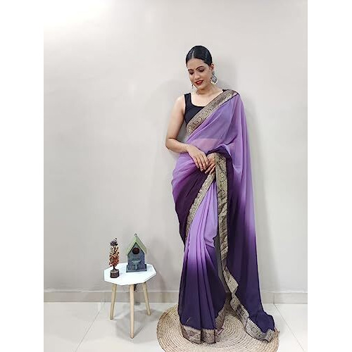 Shiv Textiles Womens Gorgette Less Border Zip And Go Pre-Stitched Saree  Effortless Wear & Comfort  Ready To Wear Saree(Sb-St-R-23-Violet)