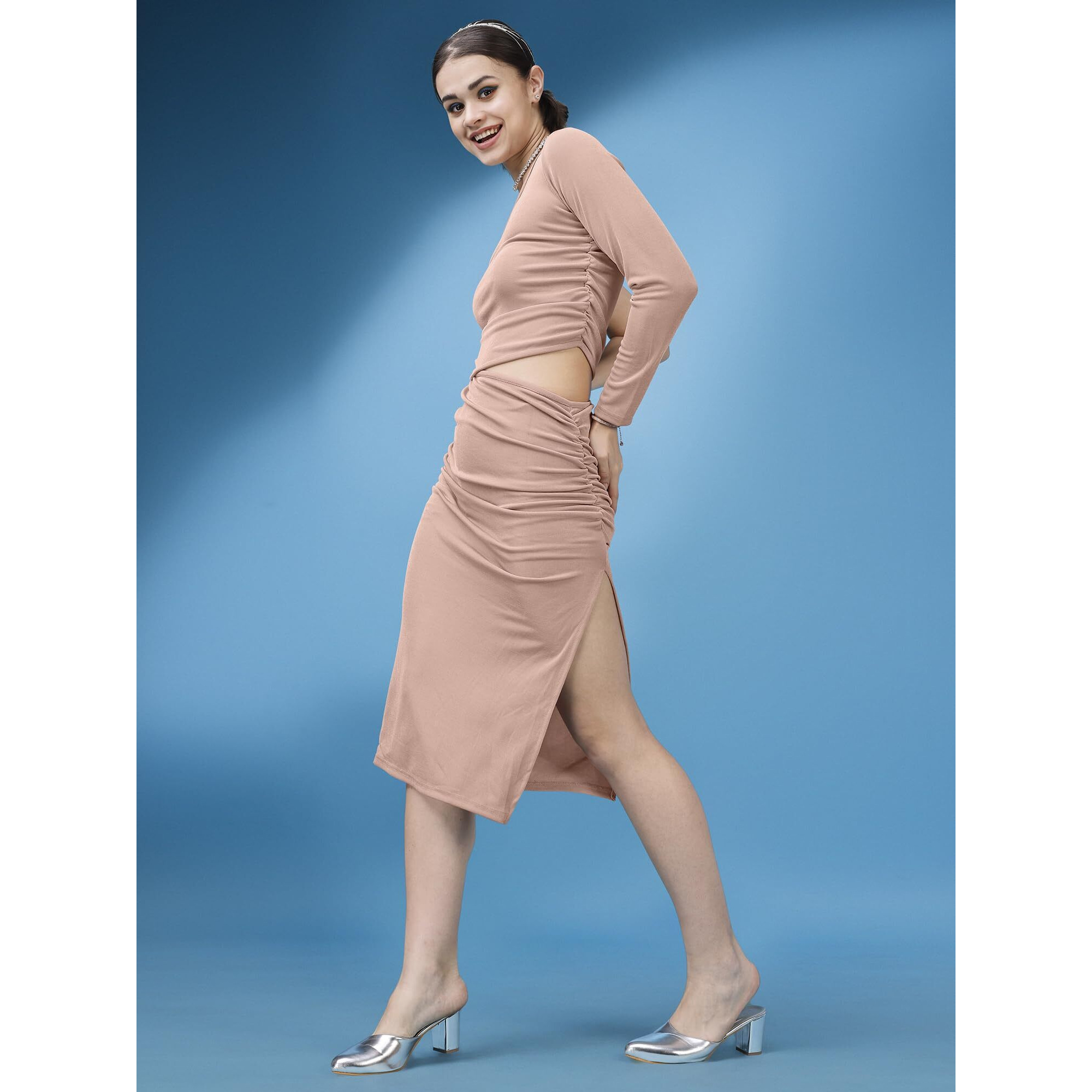 Purvaja Womens One Sholder Below Knee Length Dress (Shine-074-Rose_Peach_X-Large)
