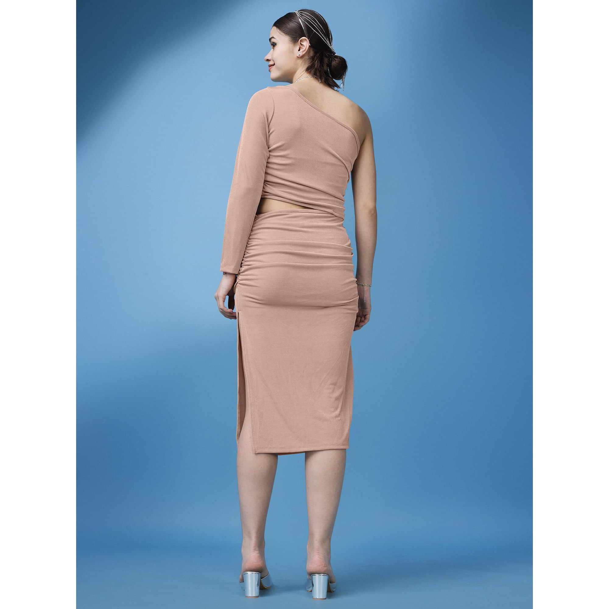 Purvaja Womens One Sholder Below Knee Length Dress (Shine-074-Rose_Peach_X-Large)