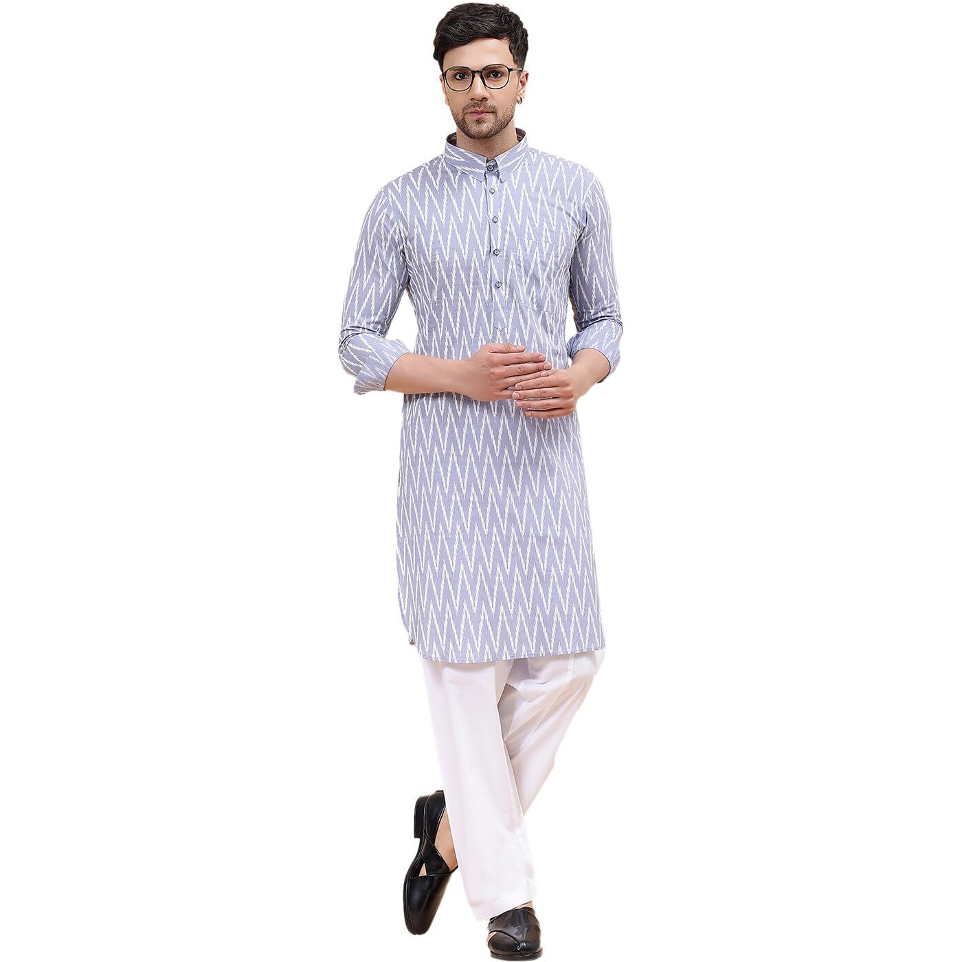 See Designs Grey Cotton Regular Fit Printed Pathani Kurta_Sdkt1239M