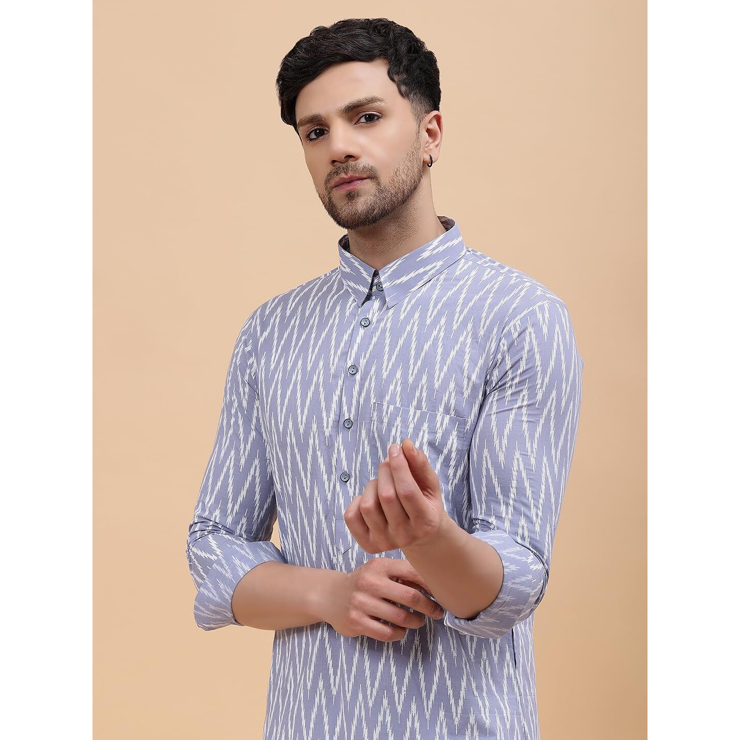 See Designs Grey Cotton Regular Fit Printed Pathani Kurta_Sdkt1239M