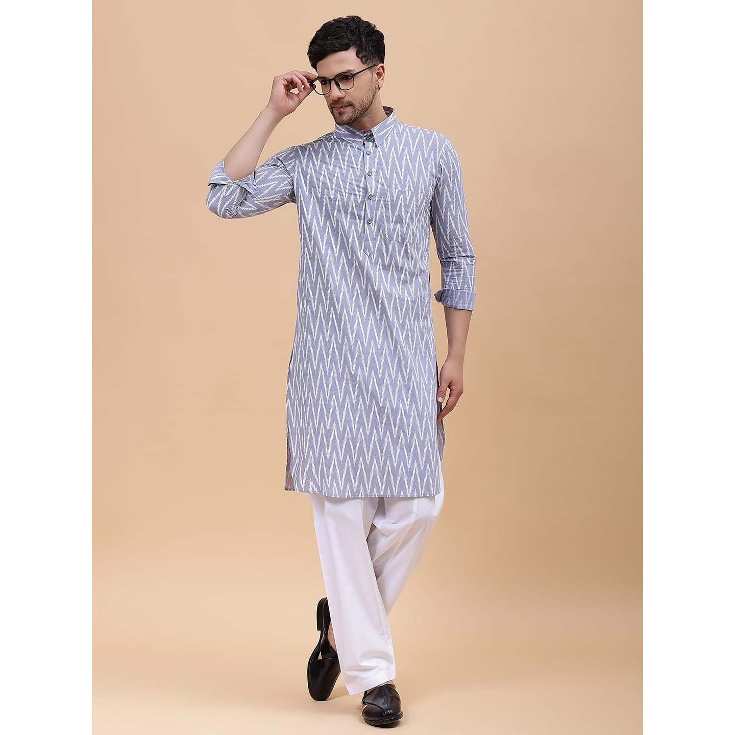 See Designs Grey Cotton Regular Fit Printed Pathani Kurta_Sdkt1239M